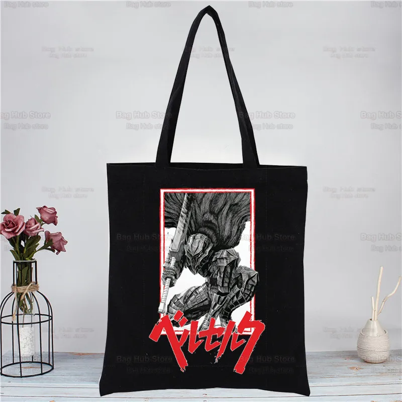 Manga Berserk Swordsman Gatsu Harajuku Fashion Shopping Black Bags Canvas Tote Bag Reusable Cloth Bag Handbag 8 - Berserk Stuff
